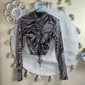 Brown swirl sheer long sleeve turtleneck scrunched crop top